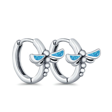 Dragonfly Hoop Huggie Earrings Lab Created Blue Opal 925 Sterling Silver